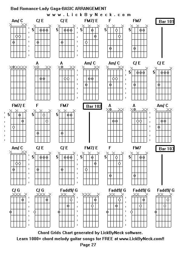 Chord Grids Chart of chord melody fingerstyle guitar song-Bad Romance-Lady Gaga-BASIC ARRANGEMENT,generated by LickByNeck software.